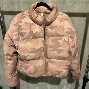Fabletics cropped puffer in tan camo
